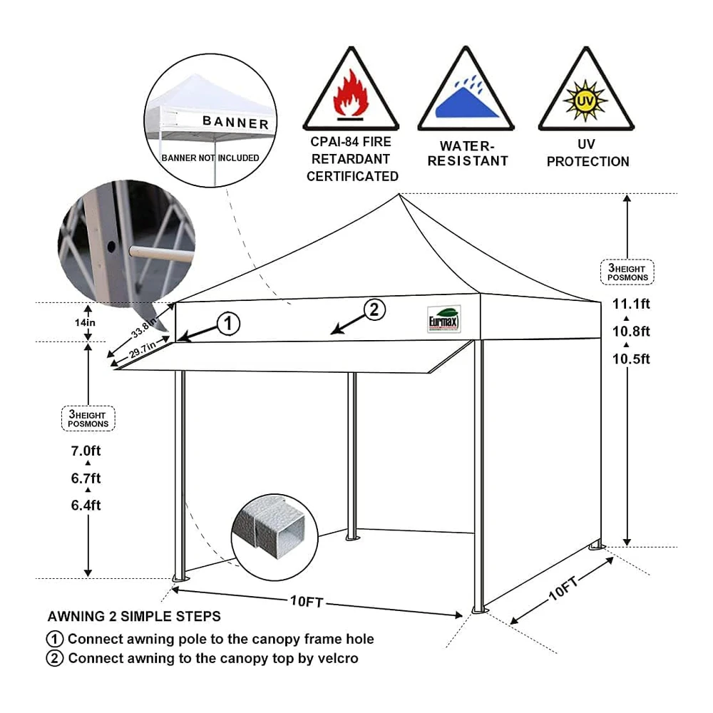 Toldo Eurmax Comercial de 3 M X 3 M - Carpa para Armar - Toldos para Fiestas En Exteriores con 4 Paredes Laterales Desmontables - con Cierres - y Bolsa con Ruedas - Bono de 4 Bolsas de Arena y Toldo Extendido de 2.2 M².