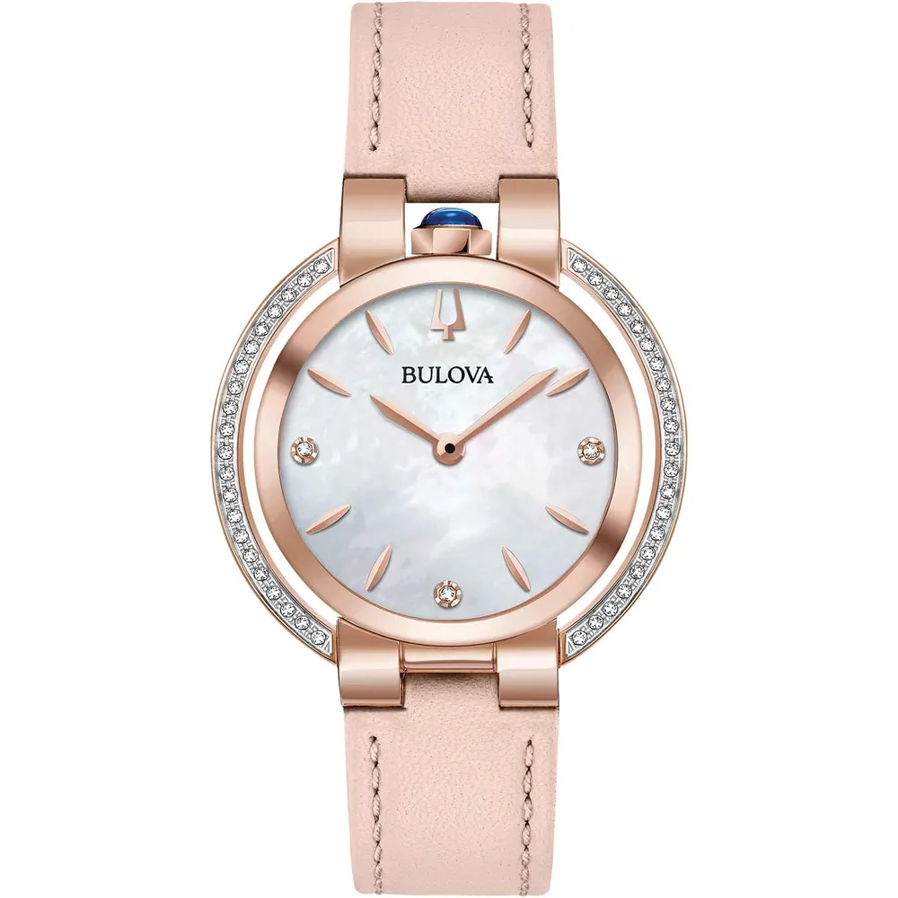 Bulova reloj Rubaiyat cuarzo mujer acero inoxidable correa piel diamantes | Oro Rosa