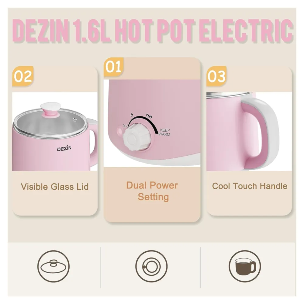 DEZIN OLLA ELÉCTRICA RÁPIDA ACERO INOXIDABLE DE 1.6L ROSA