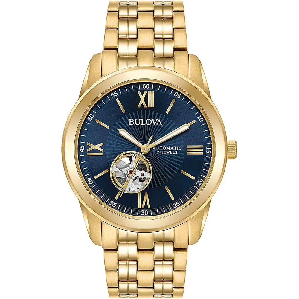 Bulova reloj clásico automático hombre 3 agujas acero inoxidable dorado | Oro/Azul