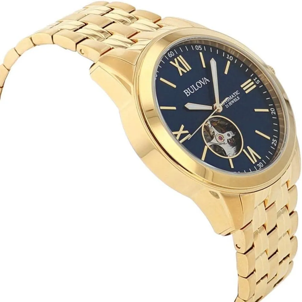 Bulova reloj clásico automático hombre 3 agujas acero inoxidable dorado | Oro/Azul