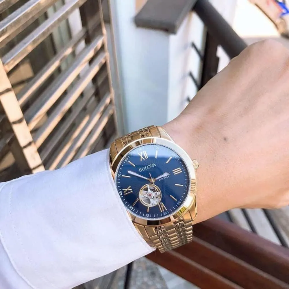 Bulova reloj clásico automático hombre 3 agujas acero inoxidable dorado | Oro/Azul
