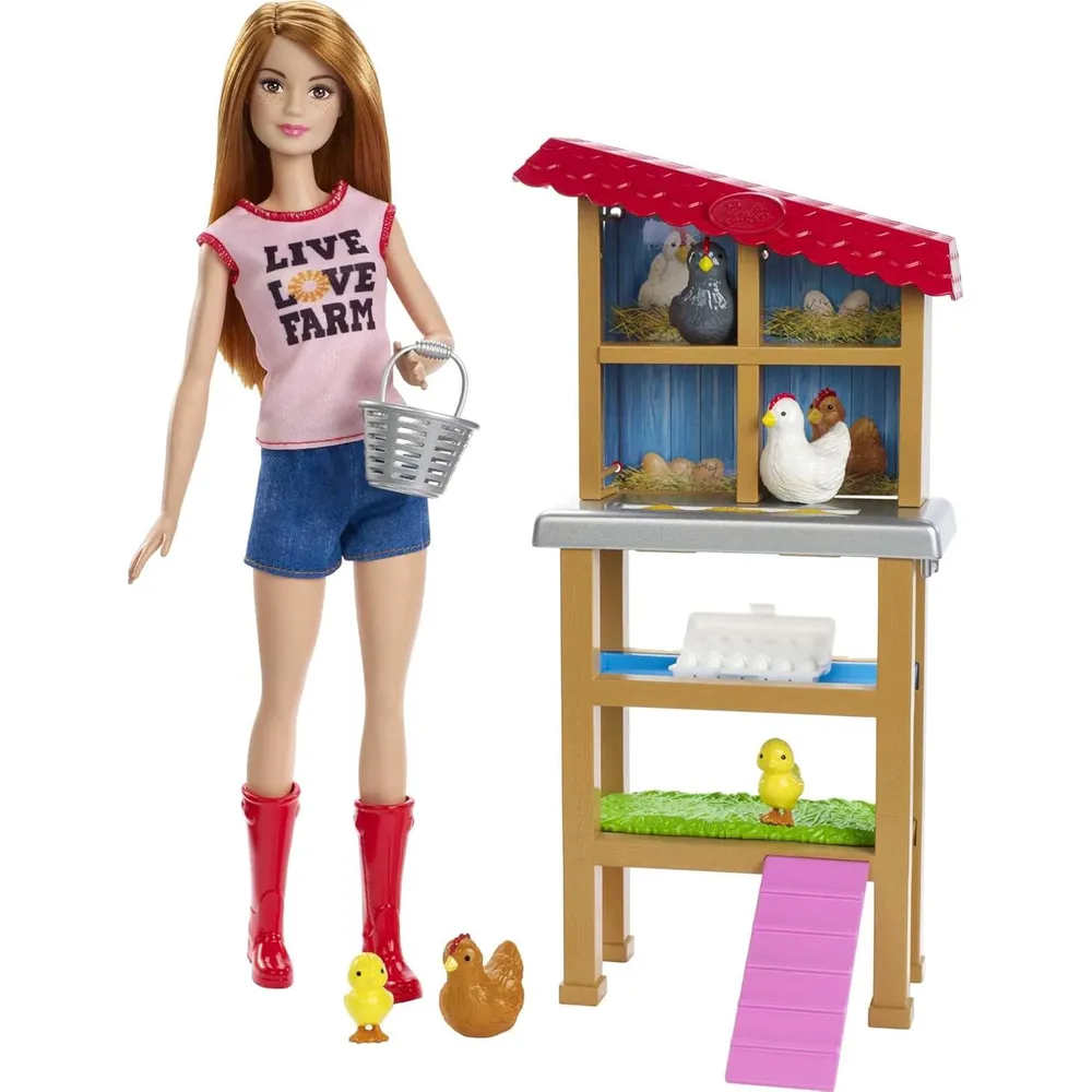BARBIE MUÑECA GRANJERA CON GALLINERO Y ANIMALES PELIRROJA