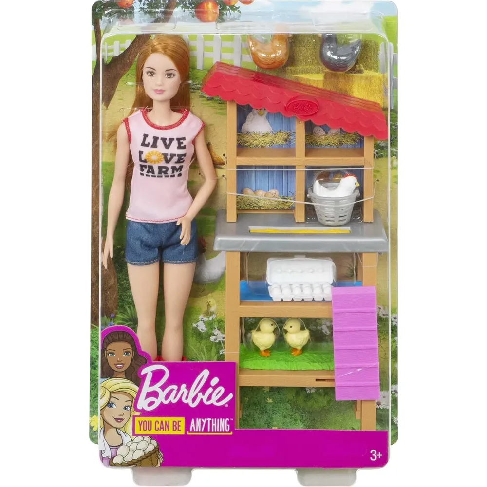 BARBIE MUÑECA GRANJERA CON GALLINERO Y ANIMALES PELIRROJA