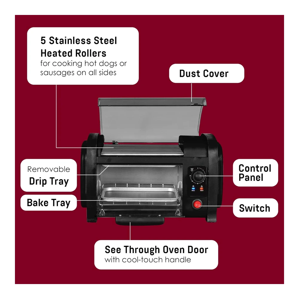 b07hywhkmx_3.webp ELITE CUISINE HORNO TOSTADOR PARA HOT DOGS – 4 BOLLOS, BANDEJA PARA MIGAS – NEGRO