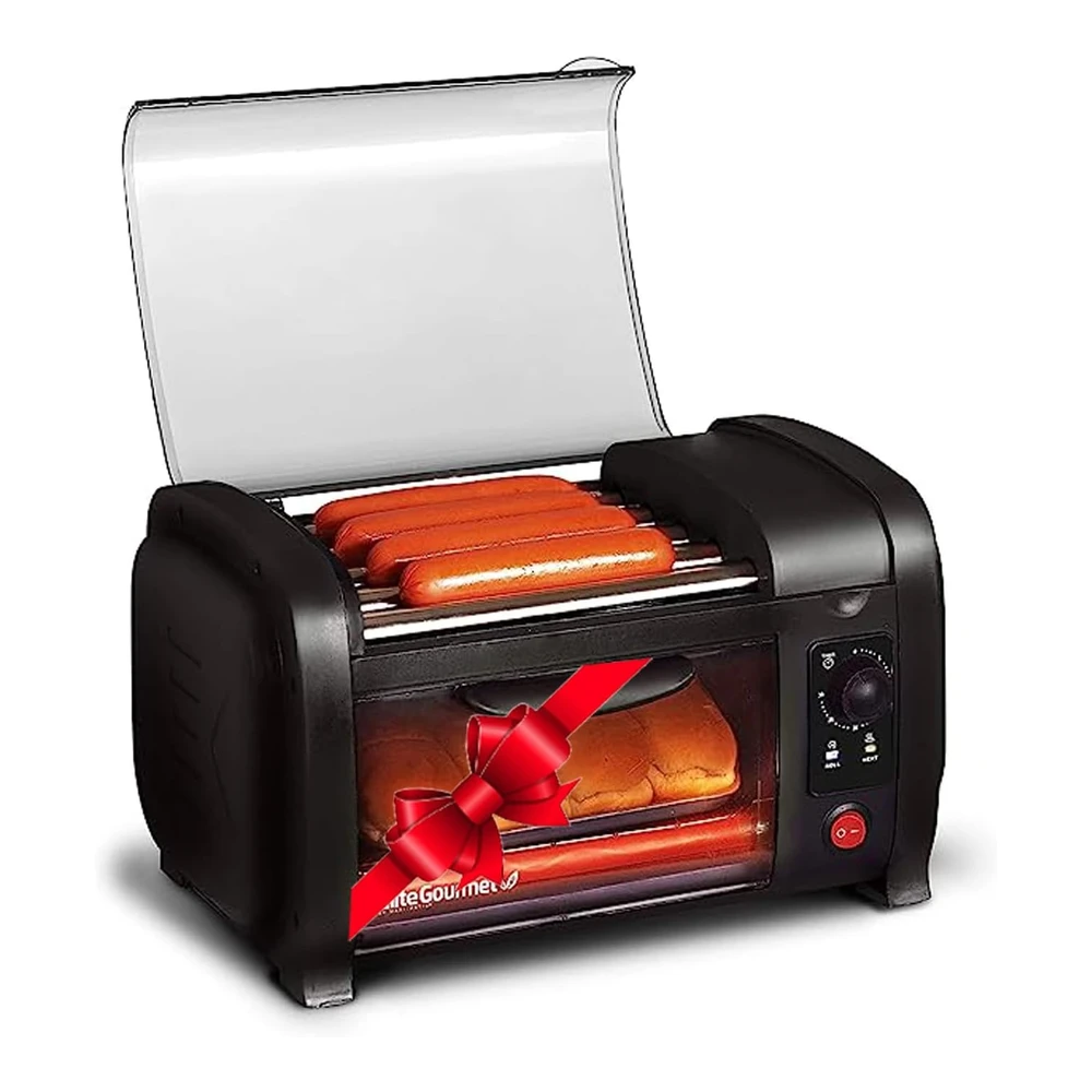 ELITE CUISINE HORNO TOSTADOR PARA HOT DOGS – 4 BOLLOS, BANDEJA PARA MIGAS – NEGRO
