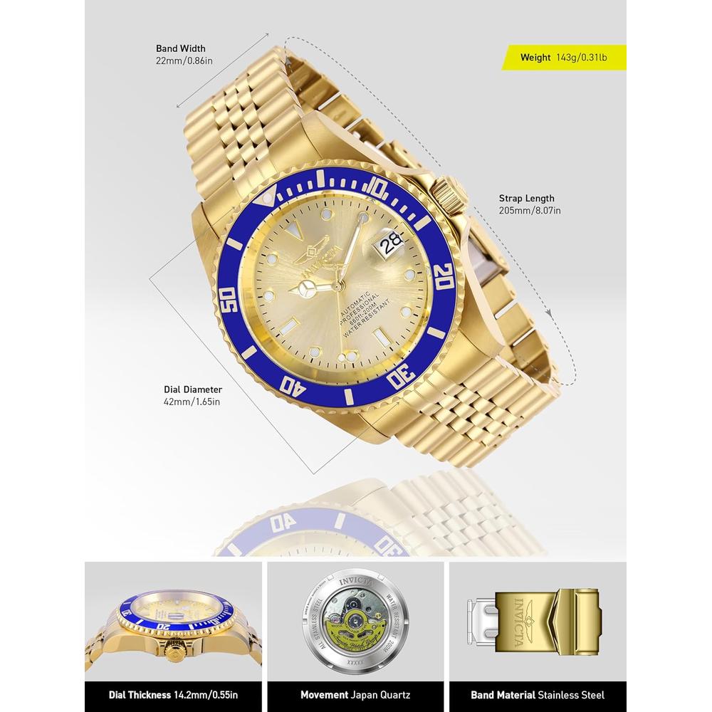 Reloj Invicta Pro Diver para hombre estilo buzo cristal mineral | Oro y Azul