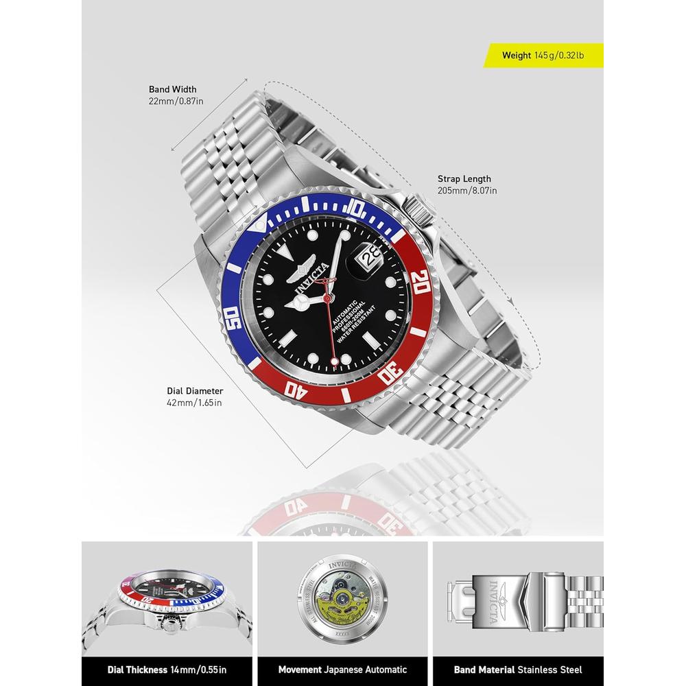 Reloj Invicta Pro Diver para hombre estilo buzo cristal mineral automático | Plateado y Negro
