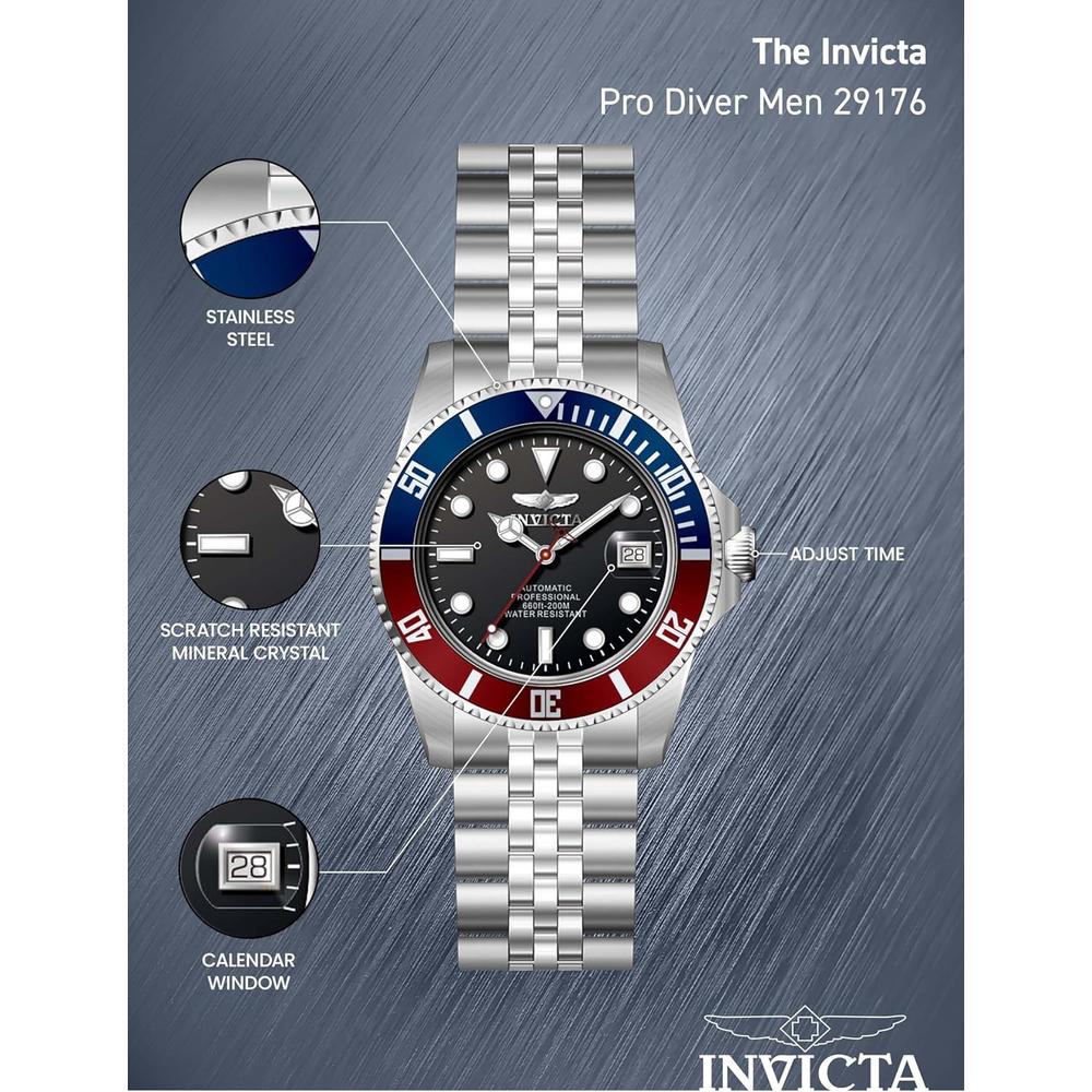 Reloj Invicta Pro Diver para hombre estilo buzo cristal mineral automático | Plateado y Negro