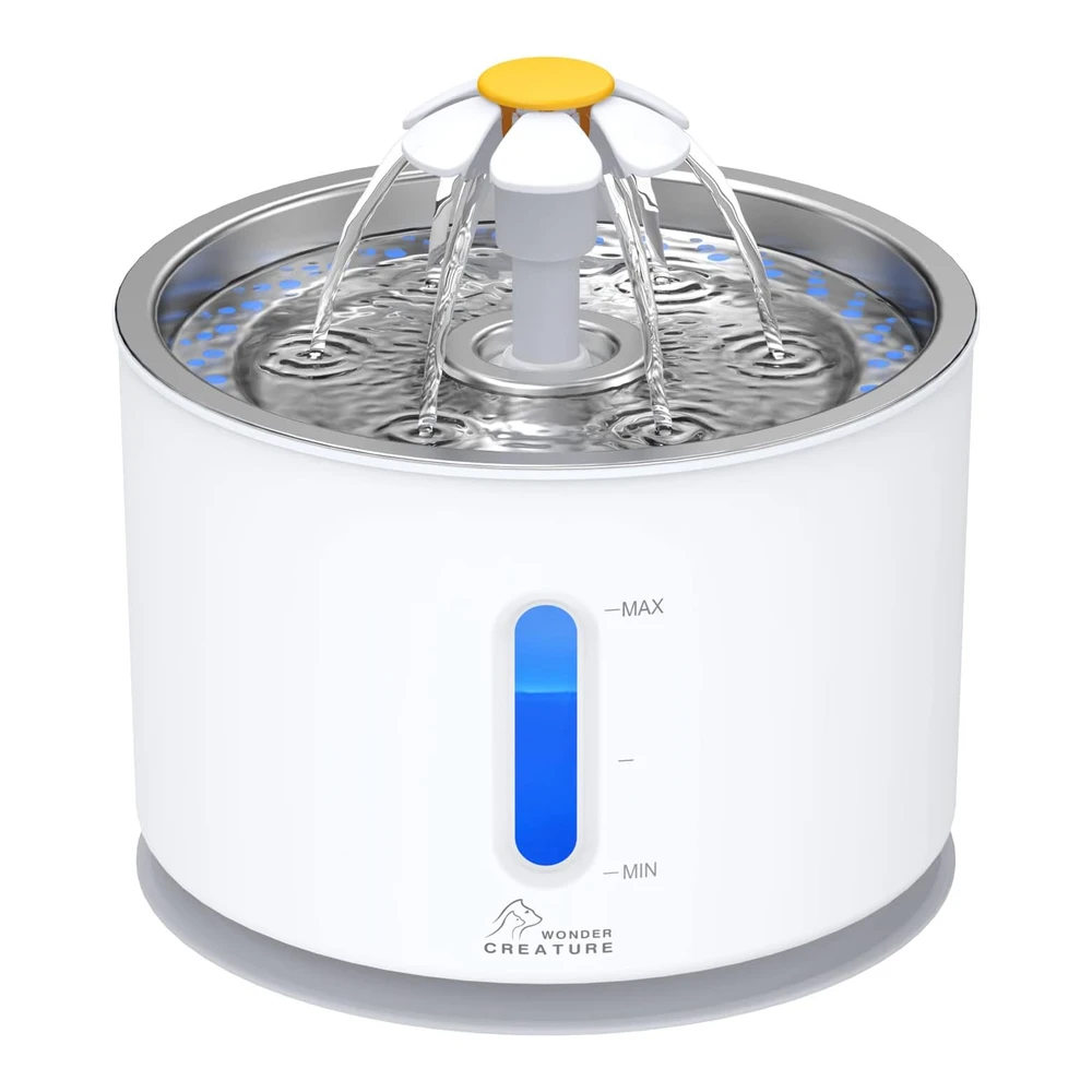 Wonder Creature Fuente de Agua con Tapa de Acero Inoxidable Fuente de 2 4 L con Luz Led y Ventana de Nivel de Agua para Mascotas | Blanco