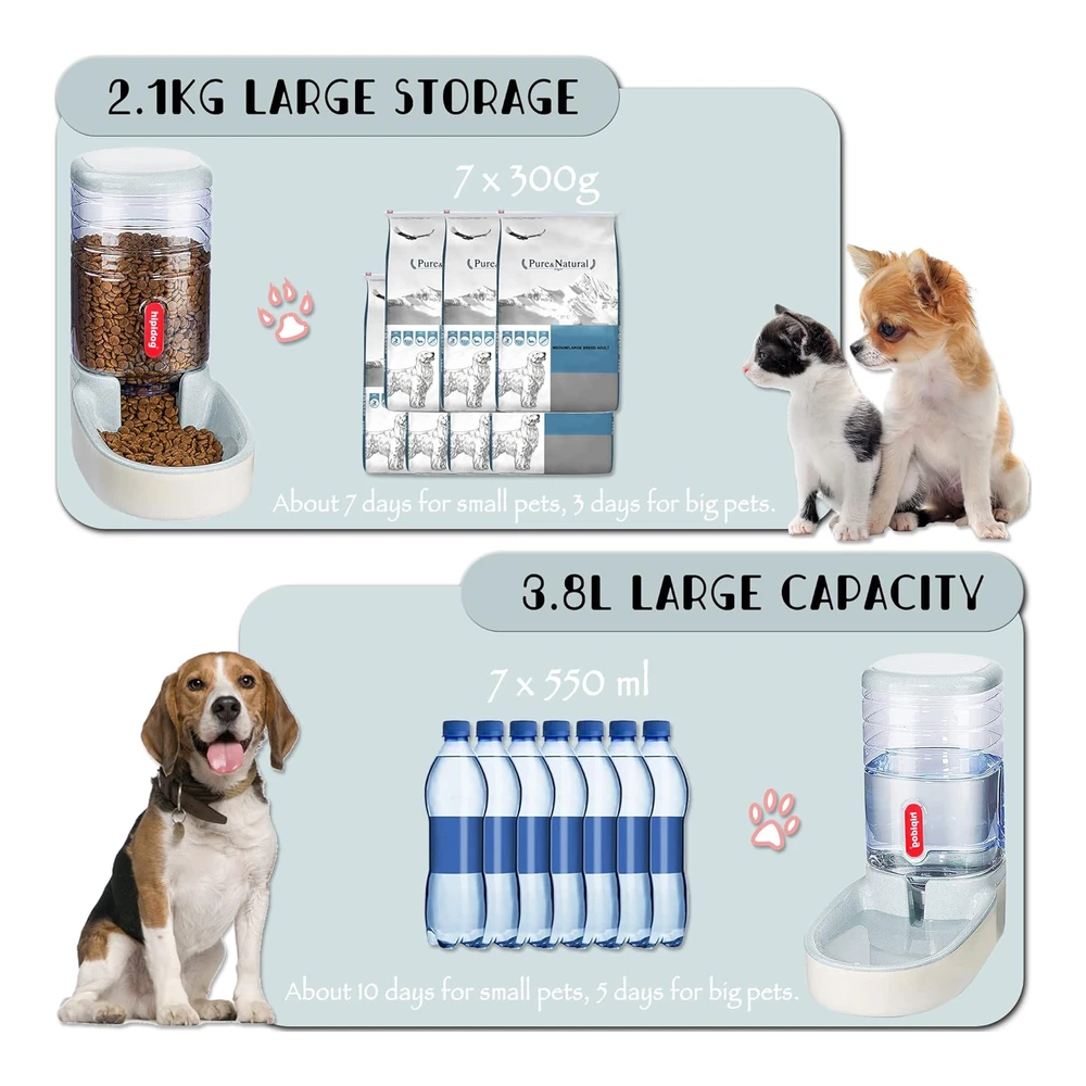 Dispensadores Automático de Comida y Agua para Mascotas Pequeñas y Medianas - Dispensador de Comida y Dispensador de 1 Galón (3.8 Litro) de Agua - Suministros de Viaje - para Perros - Gatos y Mascotas