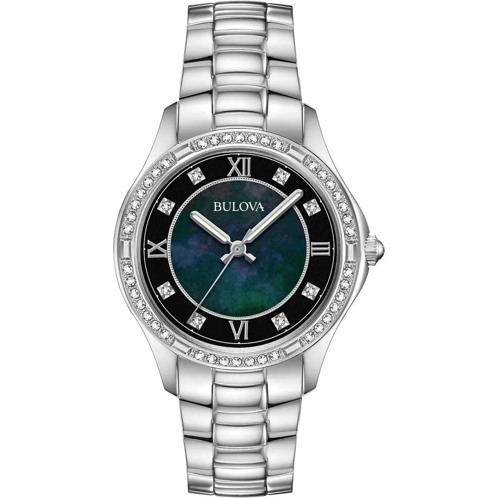 Bulova reloj clásico cuarzo mujer acero inoxidable cristales dos agujas nácar | Plata