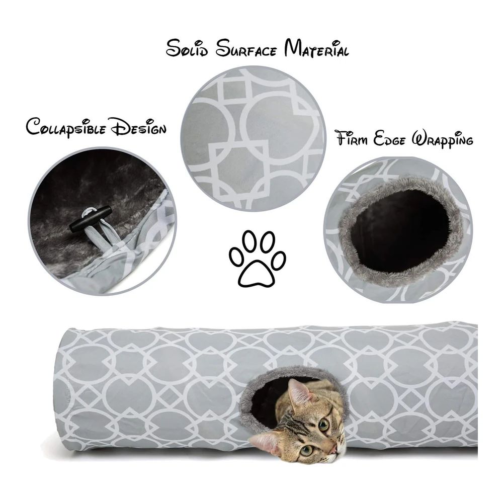 Luckitty Túnel Geométrico Recto para Gatos con Interior de Felpa Túnel Plegable con Bolas para Conejos Gatitos y Perros | Gris
