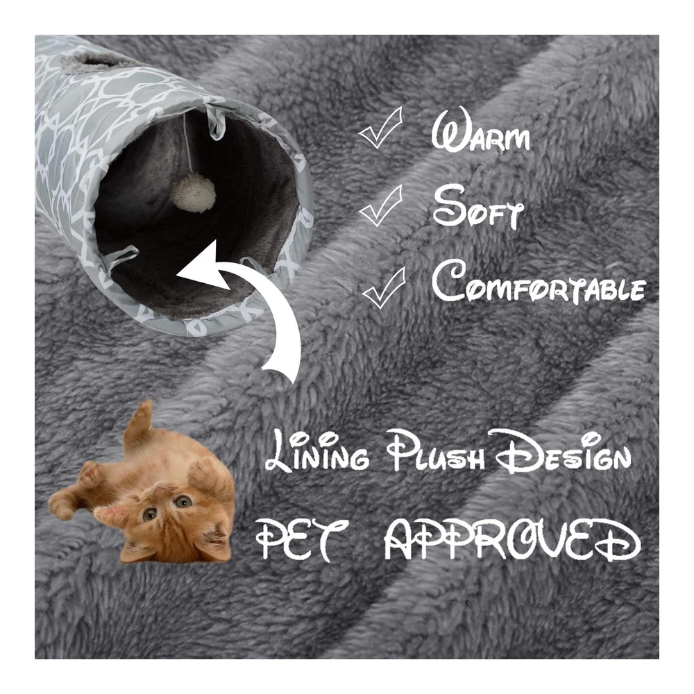 Luckitty Túnel Geométrico Recto para Gatos con Interior de Felpa Túnel Plegable con Bolas para Conejos Gatitos y Perros | Gris