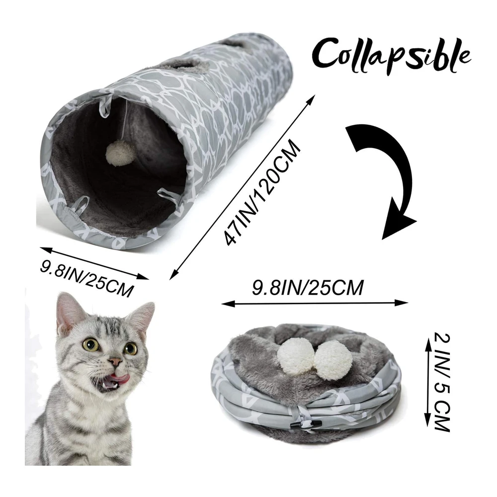 Luckitty Túnel Geométrico Recto para Gatos con Interior de Felpa Túnel Plegable con Bolas para Conejos Gatitos y Perros | Gris