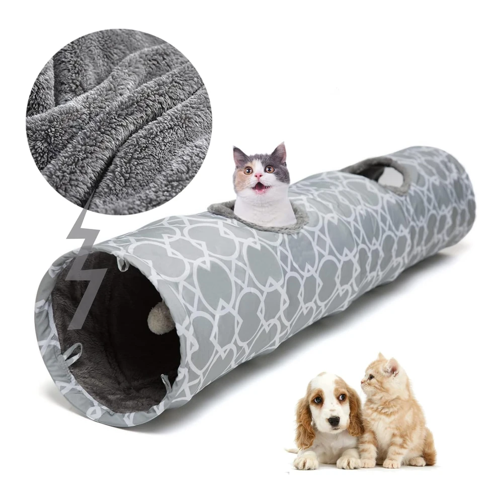 Luckitty Túnel Geométrico Recto para Gatos con Interior de Felpa Túnel Plegable con Bolas para Conejos Gatitos y Perros | Gris