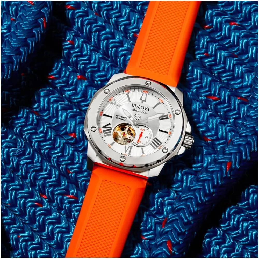 Bulova 98A226 reloj automático Marine Star Series A con correa naranja | Plateado