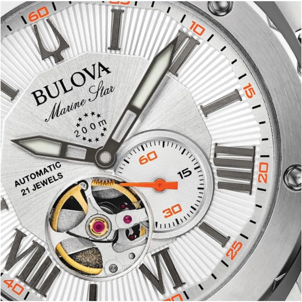Bulova 98A226 reloj automático Marine Star Series A con correa naranja | Plateado