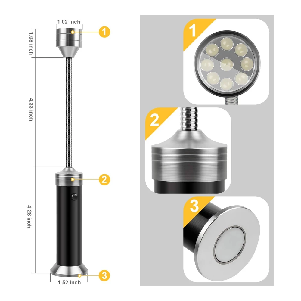 Kosin - Luces Led para Parrilla de Asador con Base Magnética - Muy Brillantes - Cuello de Ganso Flexible de 360 Grados - Resistente a La Intemperie - Baterías Incluidas - Paquete de 2