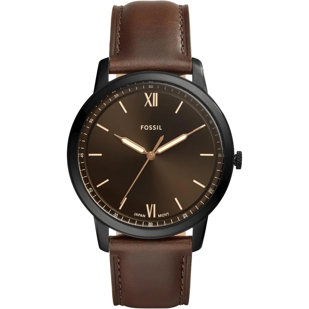 Fossil reloj minimalista de cuarzo para hombre con correa de cuero | 44 mm - Cuero Marrón/Plata/Azul