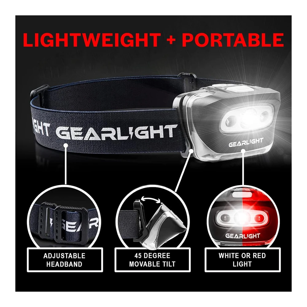 Gearlight S500 - Linterna Frontal Led (2 Unidades) - para Correr - Acampar y Al Aire Libre - La Mejor Lámpara de Cabeza con Luz Roja de Seguridad para Adultos y Niños