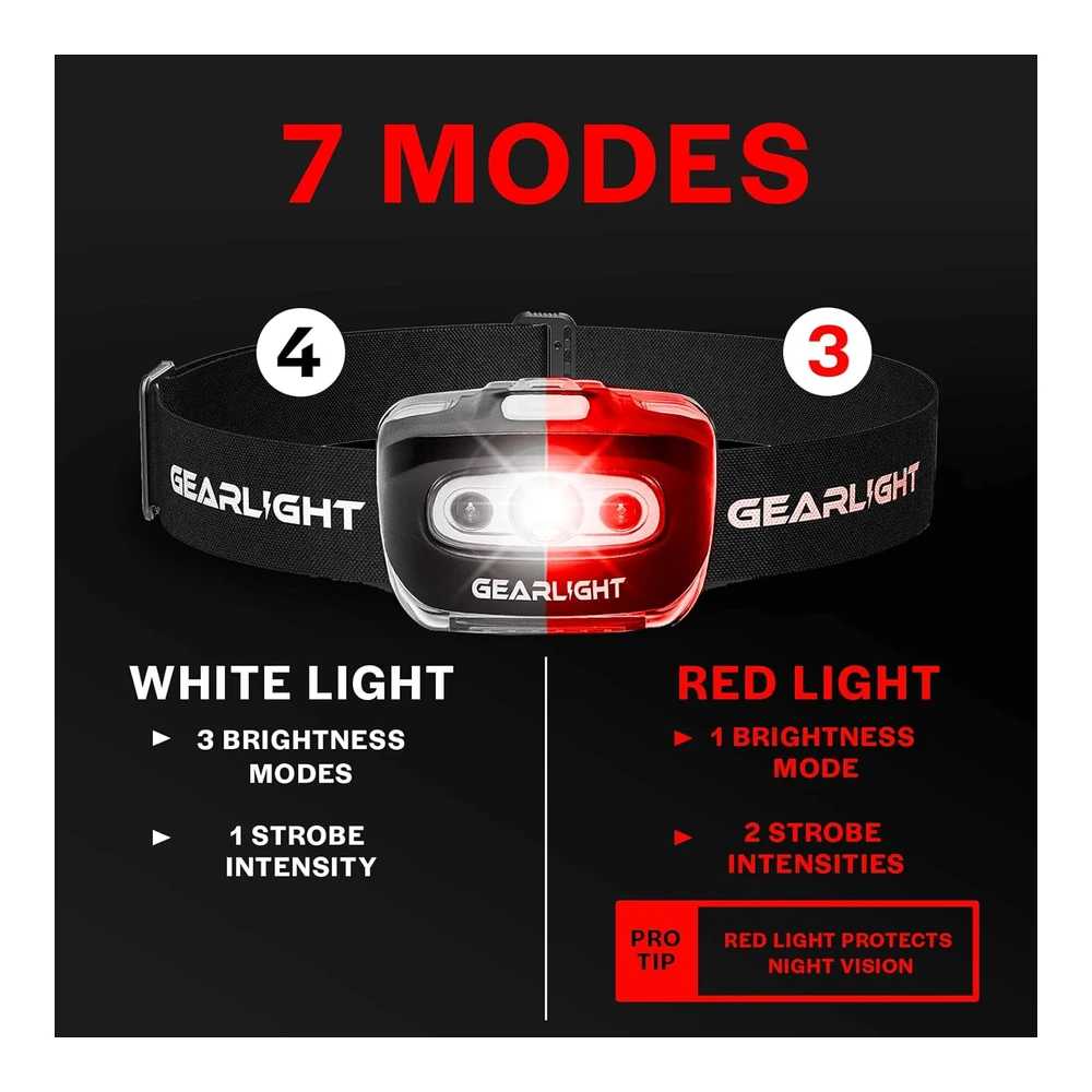 Gearlight S500 - Linterna Frontal Led (2 Unidades) - para Correr - Acampar y Al Aire Libre - La Mejor Lámpara de Cabeza con Luz Roja de Seguridad para Adultos y Niños