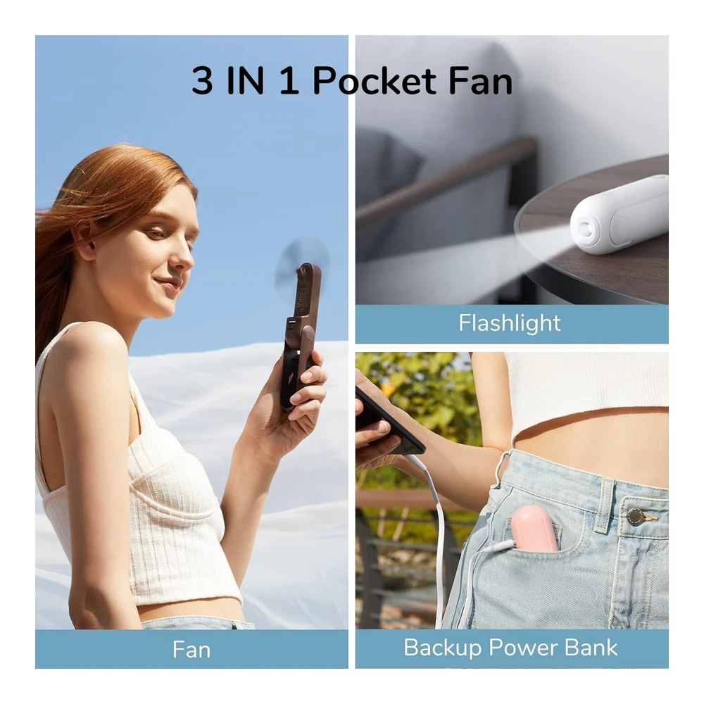 JISULIFE MINI VENTILADOR DE MANO 3 EN 1 USB – POWER BANK Y LINTERNA – ROSA