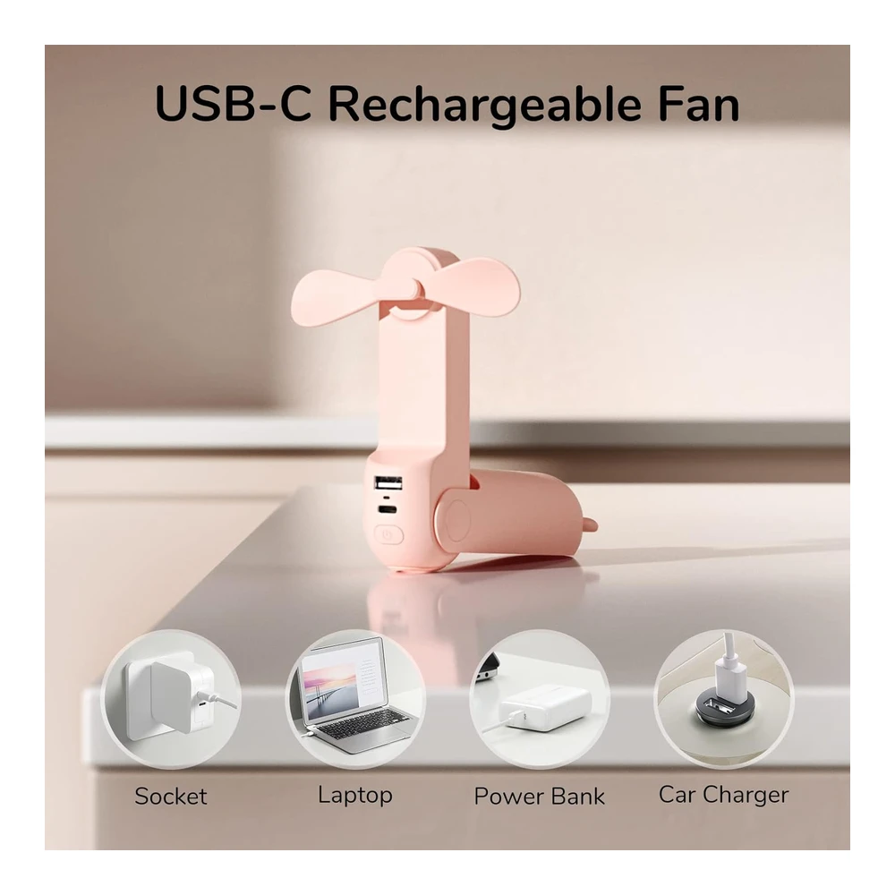 JISULIFE MINI VENTILADOR DE MANO 3 EN 1 USB – POWER BANK Y LINTERNA – ROSA