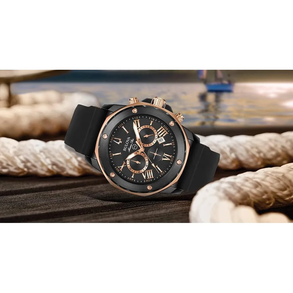 Bulova reloj Marine Star hombre cronógrafo 6 agujas de cuarzo correa silicona | Negro