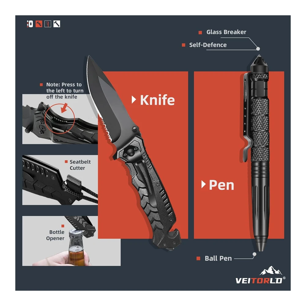 Veitorld Regalos para Hombres - Papá - Él - Navidad - Equipo y Equipo de Supervivencia 12 En 1 - Kits de Supervivencia - Regalo Único de Pesca - Caza - Cumpleaños para Marido - Adolescente - Niño - Novio - Mujer - Relleno de Calcetines para Hombres