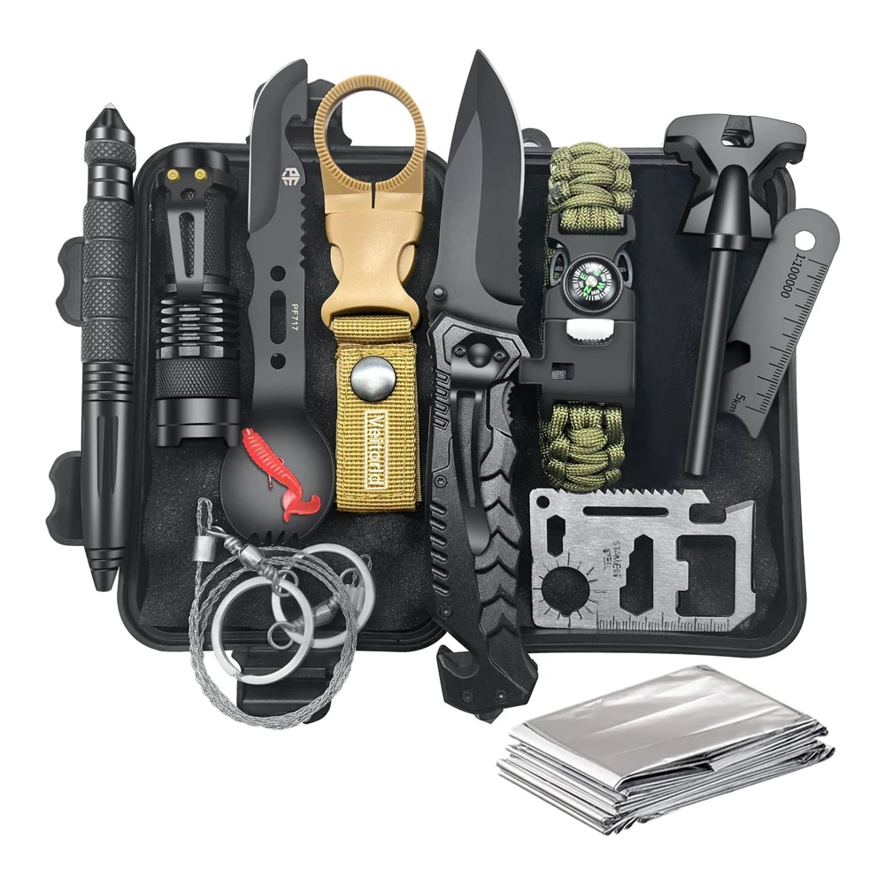 Veitorld Regalos para Hombres - Papá - Él - Navidad - Equipo y Equipo de Supervivencia 12 En 1 - Kits de Supervivencia - Regalo Único de Pesca - Caza - Cumpleaños para Marido - Adolescente - Niño - Novio - Mujer - Relleno de Calcetines para Hombres