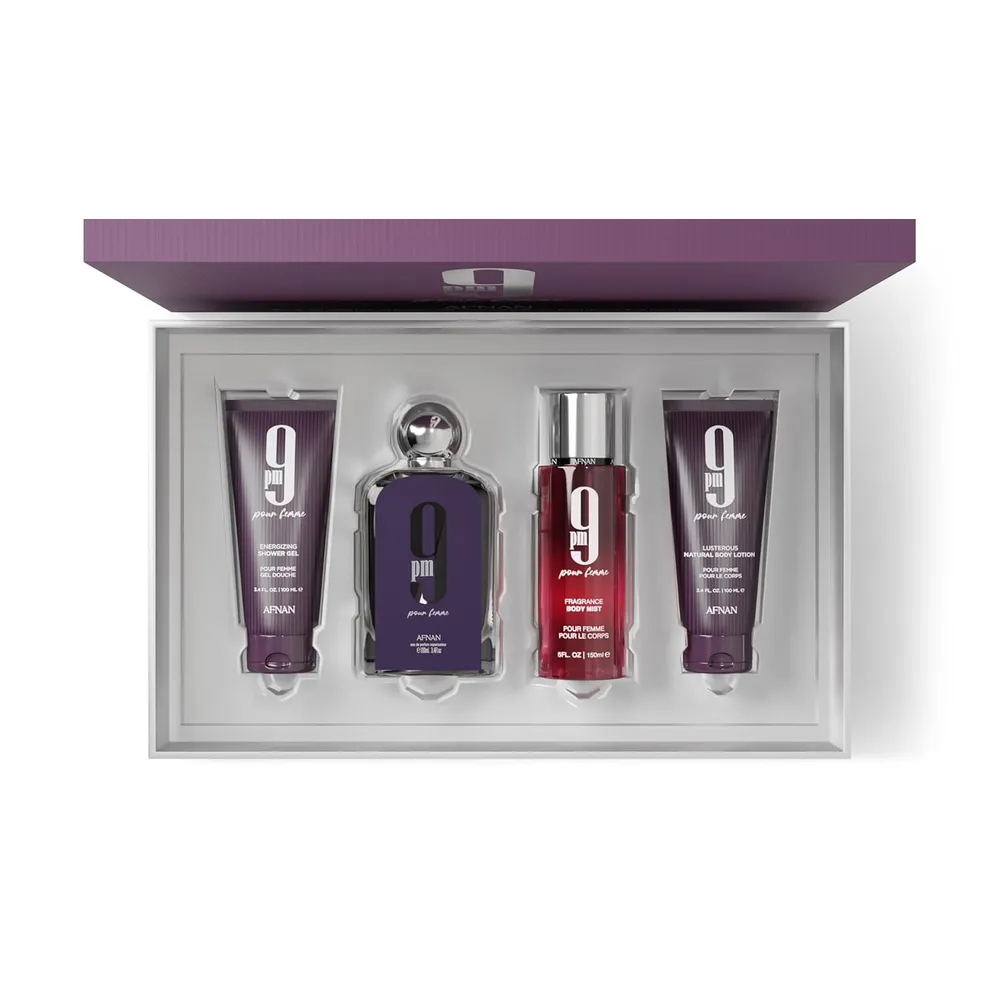 SET DE PERFUME AFNAN 9 PM POUR FEMME EDP 4 PZS