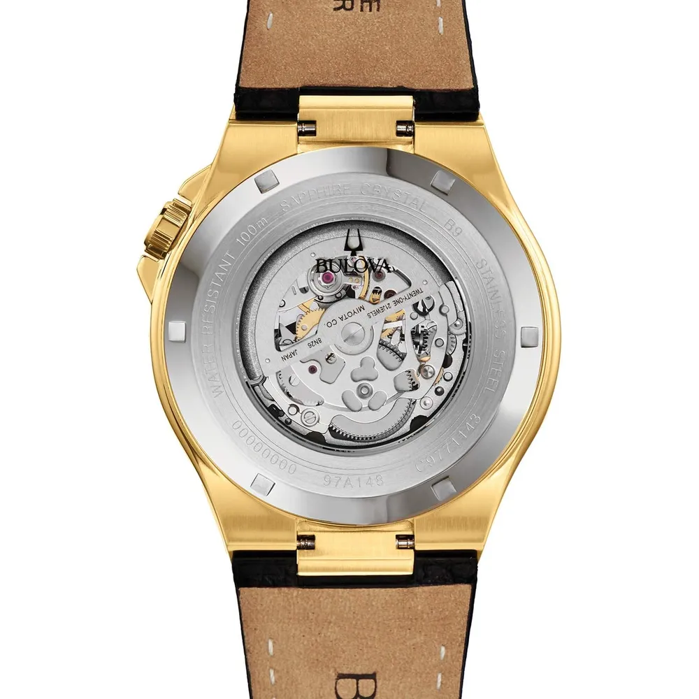 Bulova reloj automático hombre correa de cuero | Oro/Negro