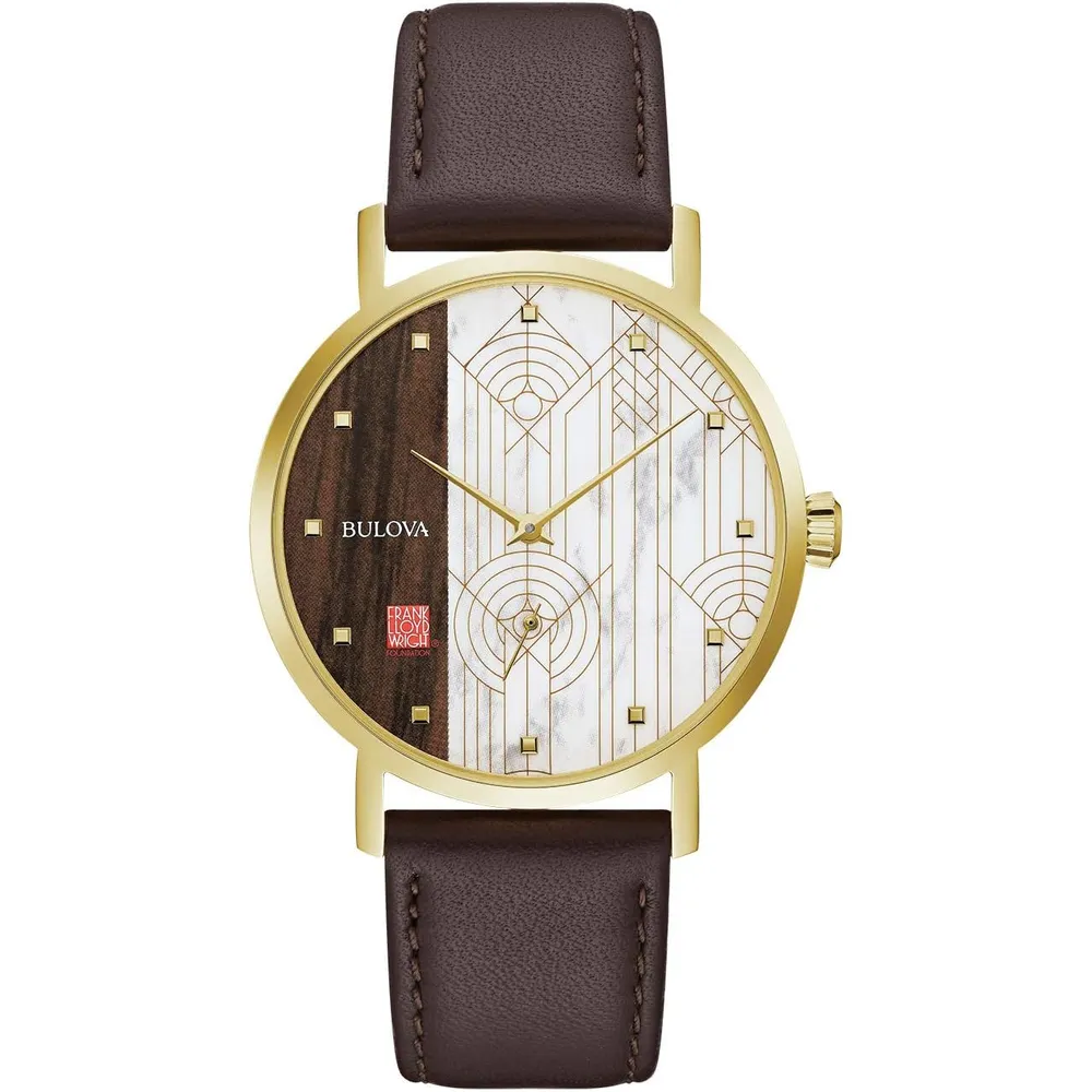 Bulova reloj Frank Lloyd Wright April Showers 3 agujas de cuarzo correa cuero | Marrón