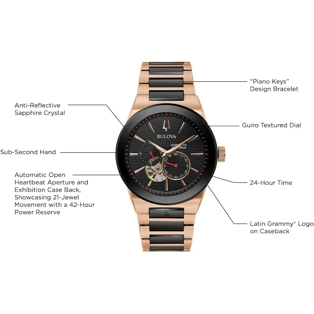 b07xl15df4_4_webp.webp Bulova reloj Latin Grammy Modern Millenia hombre automático 3 agujas apertura | Negro/Oro Rosa