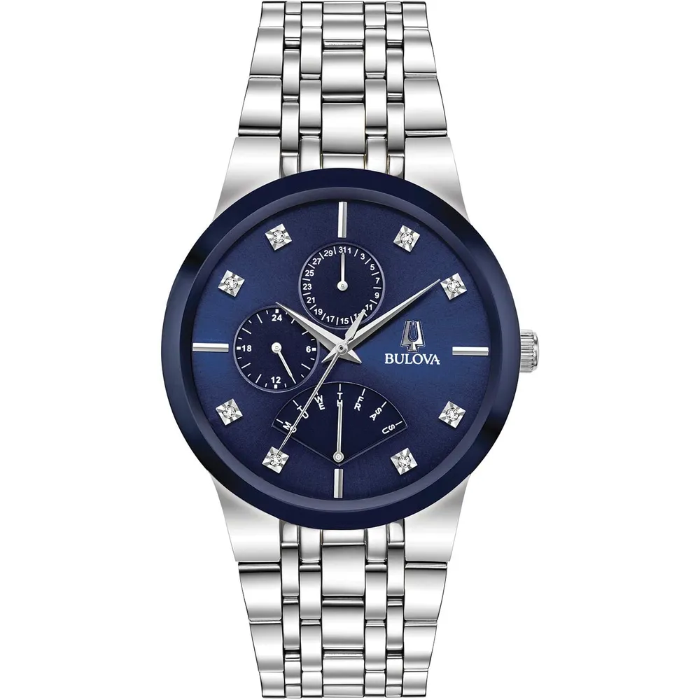 Bulova reloj hombre multifunción cuarzo 3 agujas esfera diamantes cristal | Plata