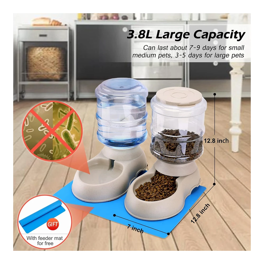 b07yw7rzd5_1.webp Paquete de 2 Alimentadores Automáticos para Gatos y Dispensador de Agua En Juego con Tapete de Comida para Mascotas para Perros Pequeños y Medianos - Mascotas - Cachorros - Gatitos - Gran Capacidad - 1 Galón X 2 (Paquete de 2 Crema)