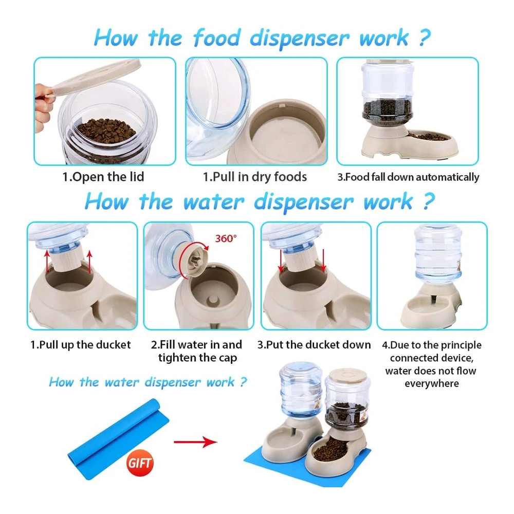 b07yw7rzd5_3.webp Paquete de 2 Alimentadores Automáticos para Gatos y Dispensador de Agua En Juego con Tapete de Comida para Mascotas para Perros Pequeños y Medianos - Mascotas - Cachorros - Gatitos - Gran Capacidad - 1 Galón X 2 (Paquete de 2 Crema)