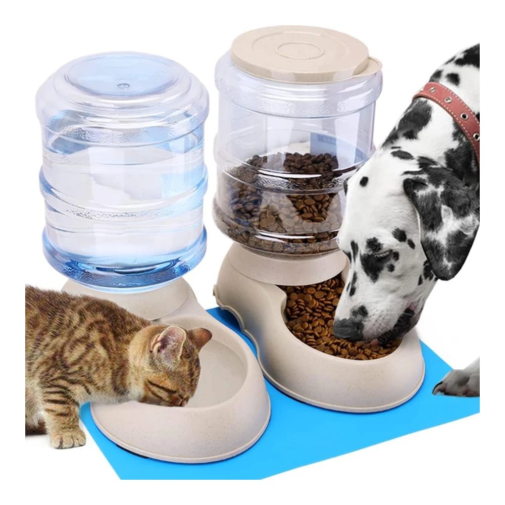 Paquete de 2 Alimentadores Automáticos para Gatos y Dispensador de Agua En Juego con Tapete de Comida para Mascotas para Perros Pequeños y Medianos - Mascotas - Cachorros - Gatitos - Gran Capacidad - 1 Galón X 2 (Paquete de 2 Crema)