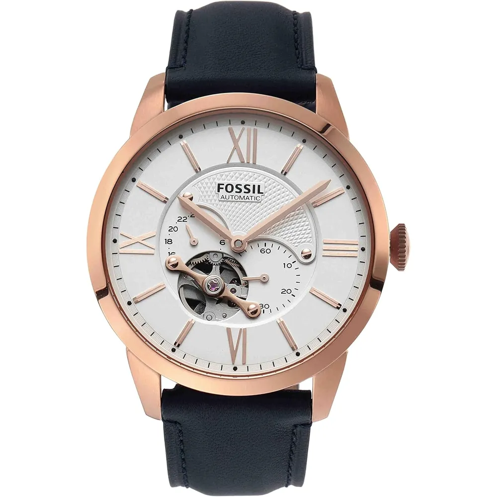 Fossil reloj automático Townsman para hombre, acero y cuero | Oro rosa/ Azul