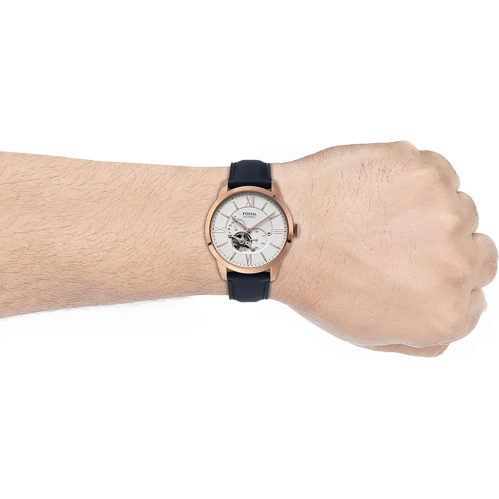 Fossil reloj automático Townsman para hombre, acero y cuero | Oro rosa/ Azul