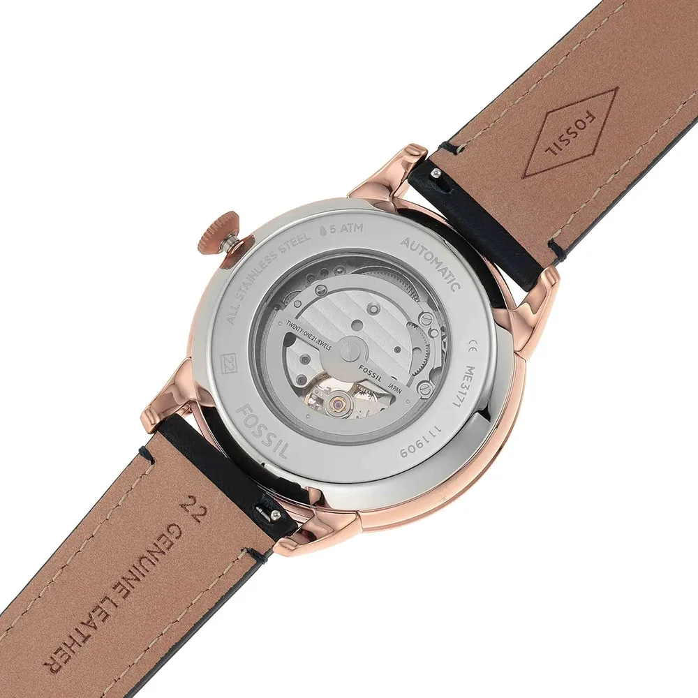 Fossil reloj automático Townsman para hombre, acero y cuero | Oro rosa/ Azul