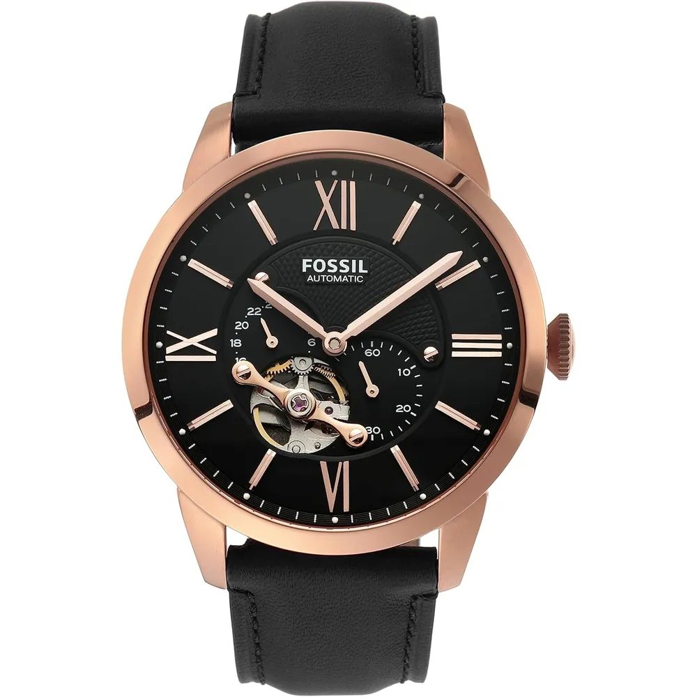 Fossil reloj automático Townsman para hombre, acero y piel | Negro/ Oro Rosa