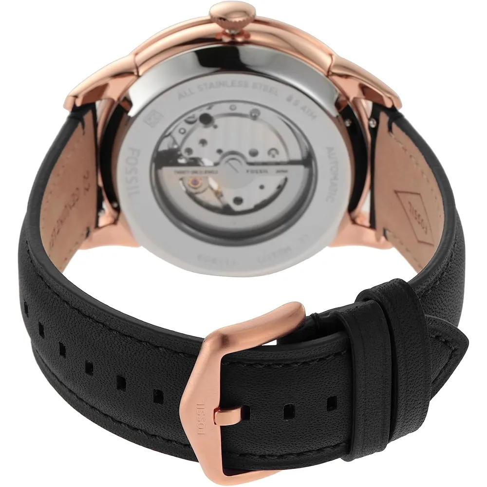 Fossil reloj automático Townsman para hombre, acero y piel | Negro/ Oro Rosa