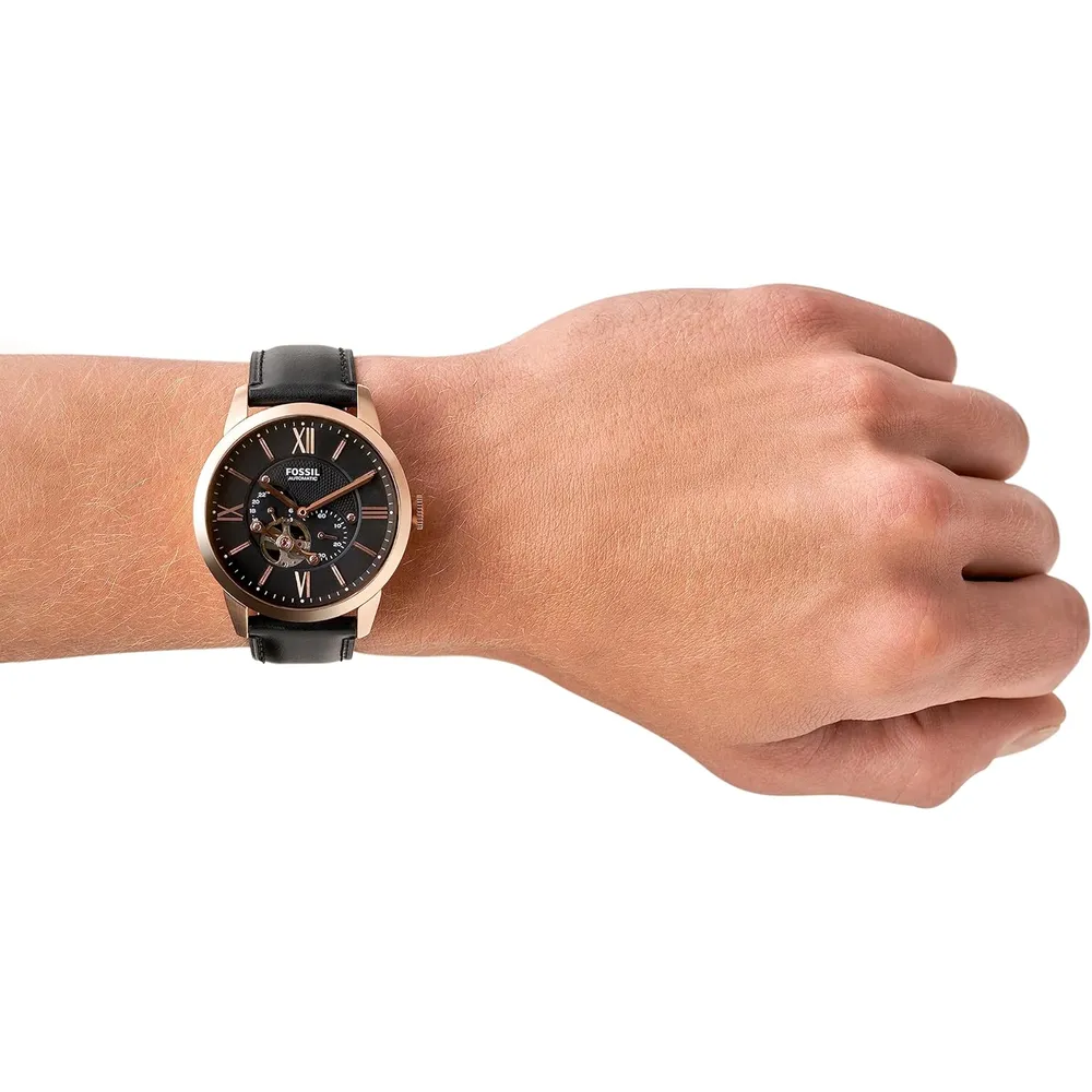 Fossil reloj automático Townsman para hombre, acero y piel | Negro/ Oro Rosa