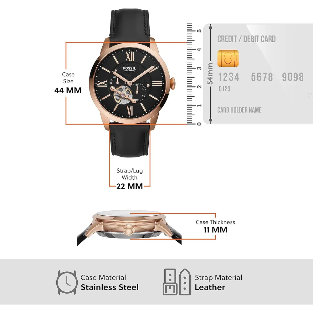 Fossil reloj automático Townsman para hombre, acero y piel | Negro/ Oro Rosa