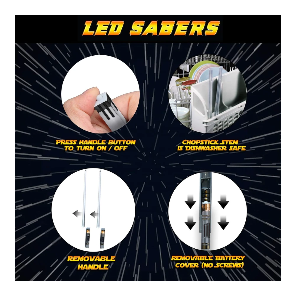 Palillos de Luz Lightsable con Luz Led Brillante de Star Wars - Mango Extraíble - Apto para Lavavajillas - 8 Modos de Color - 1 Par