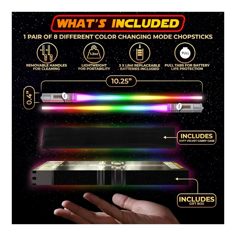 Palillos de Luz Lightsable con Luz Led Brillante de Star Wars - Mango Extraíble - Apto para Lavavajillas - 8 Modos de Color - 1 Par