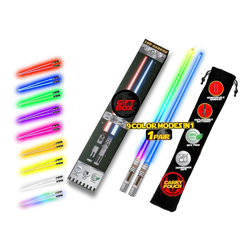 Palillos de Luz Lightsable con Luz Led Brillante de Star Wars - Mango Extraíble - Apto para Lavavajillas - 8 Modos de Color - 1 Par