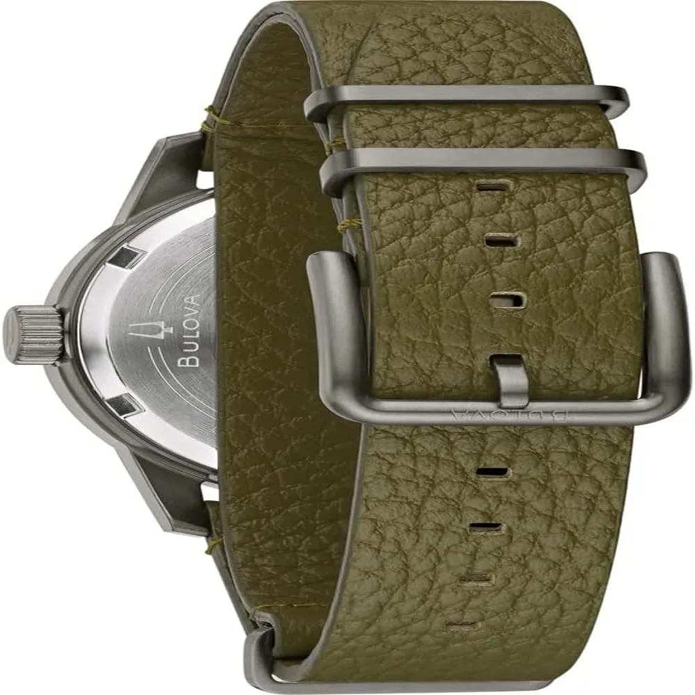 Bulova reloj hombre militar clásico automático 3 agujas correa cuero acero | Verde
